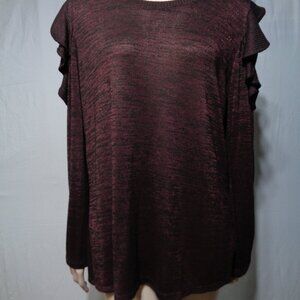 Apt. 9  burgundy and black ruffled cold shoulder, long sleeve top in size large